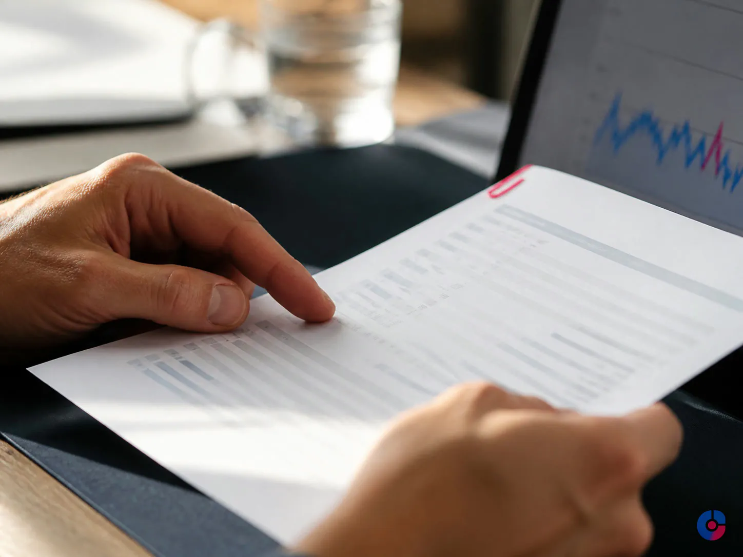 Hands comparing a printed form against a screen during data entry verification