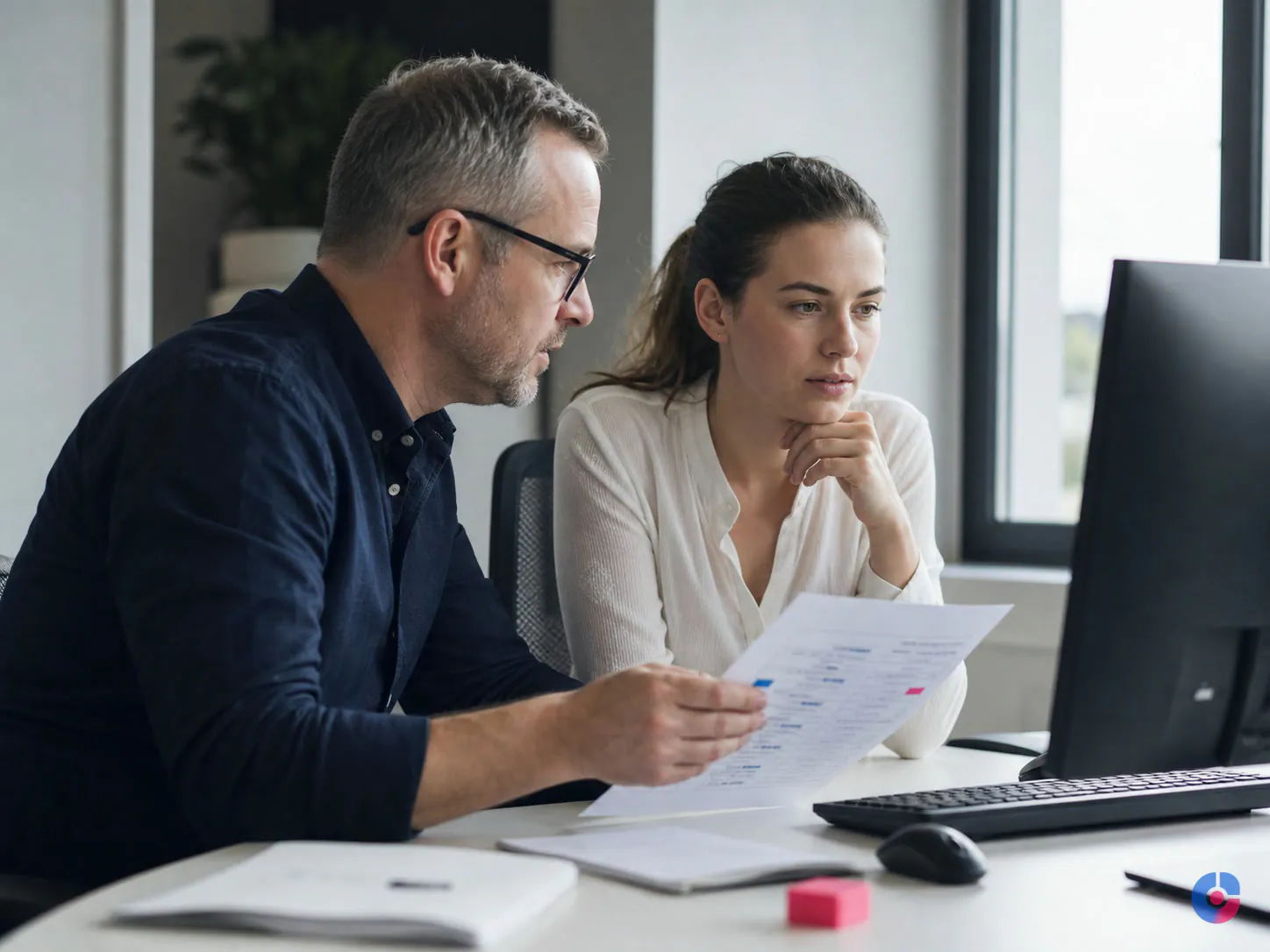 Supervisor and team member auditing a data entry quality sample together