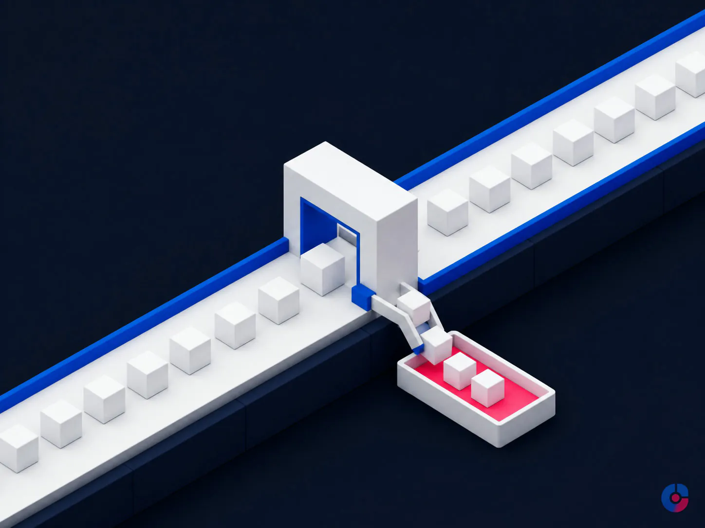 Isometric render of a data verification gate diverting records into an exception queue