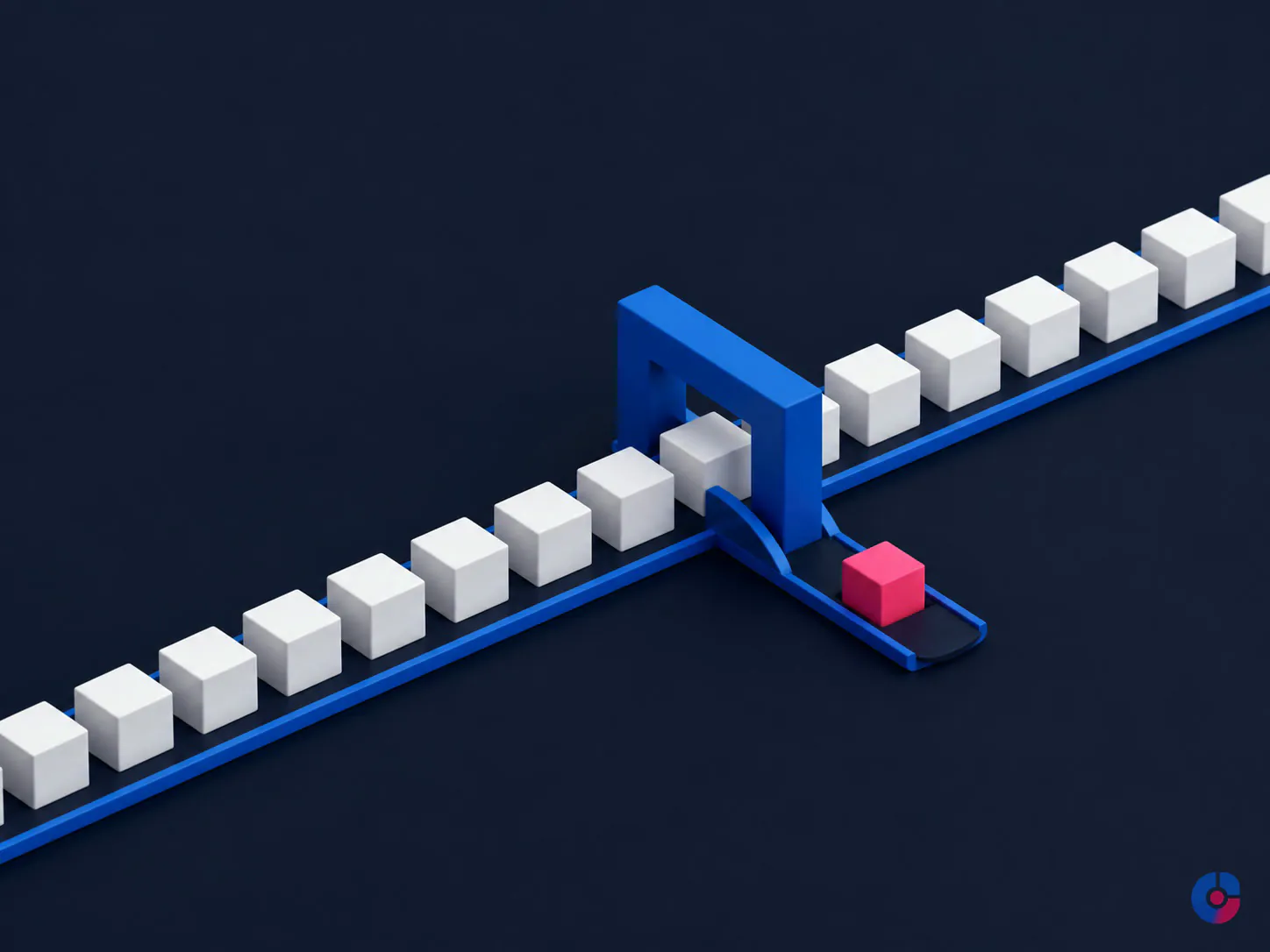 Isometric render of a data batch with a sample diverted for quality review