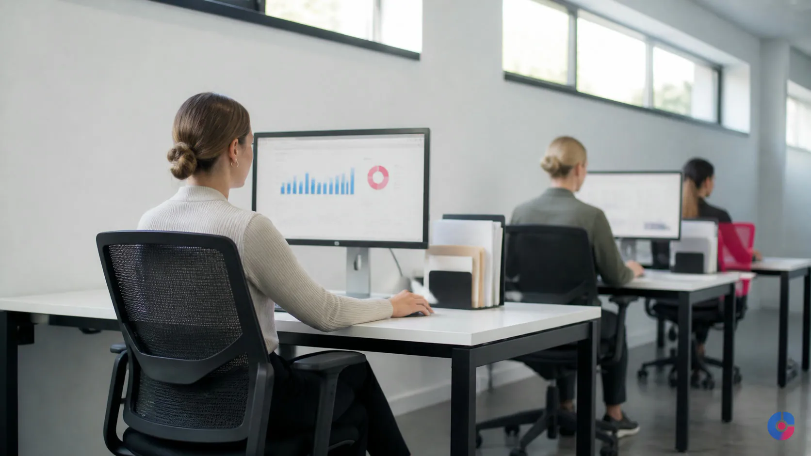Outsourced data entry team working at clean desks in an orderly shared workspace
