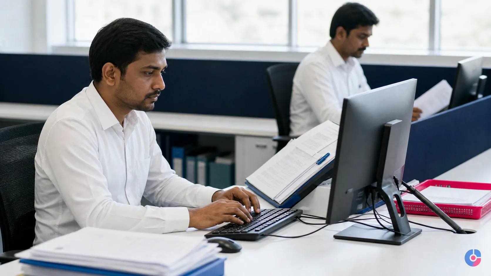 Data entry operator keying documents at a clean office workstation with a reviewer nearby
