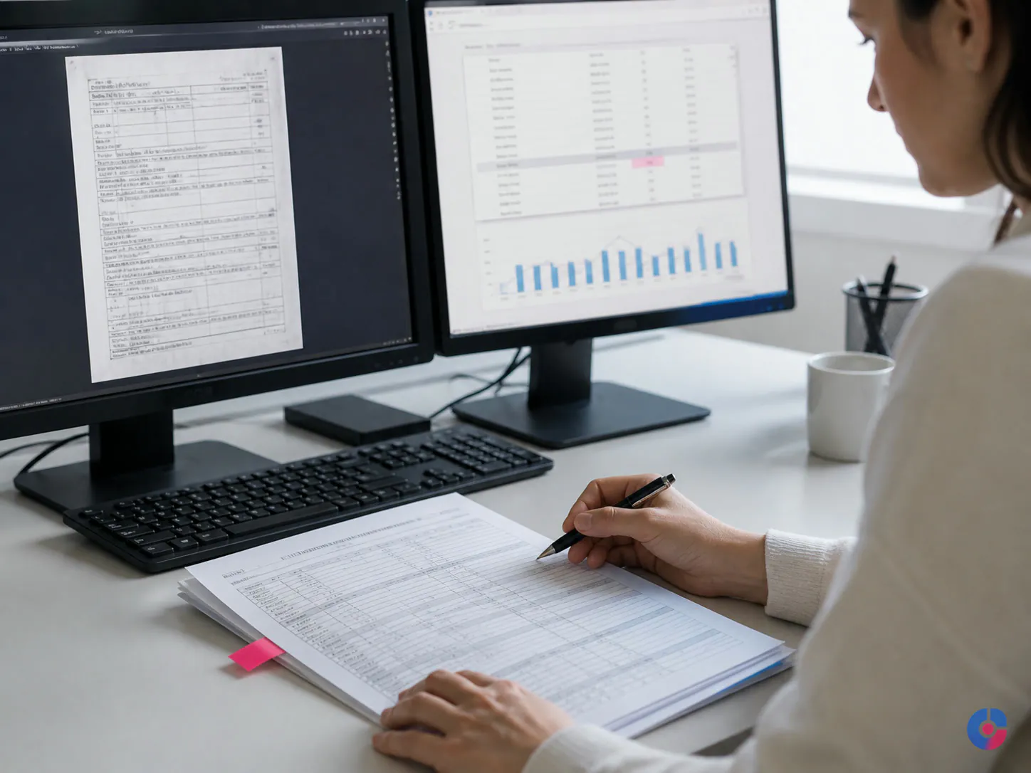 Reviewer verifying entered records against the original scanned source document
