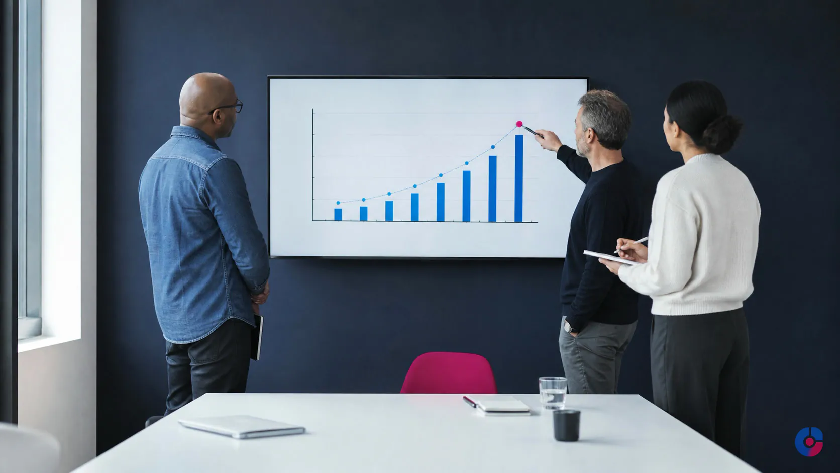 Business team reviewing analytics on a wall display during a monthly decision review