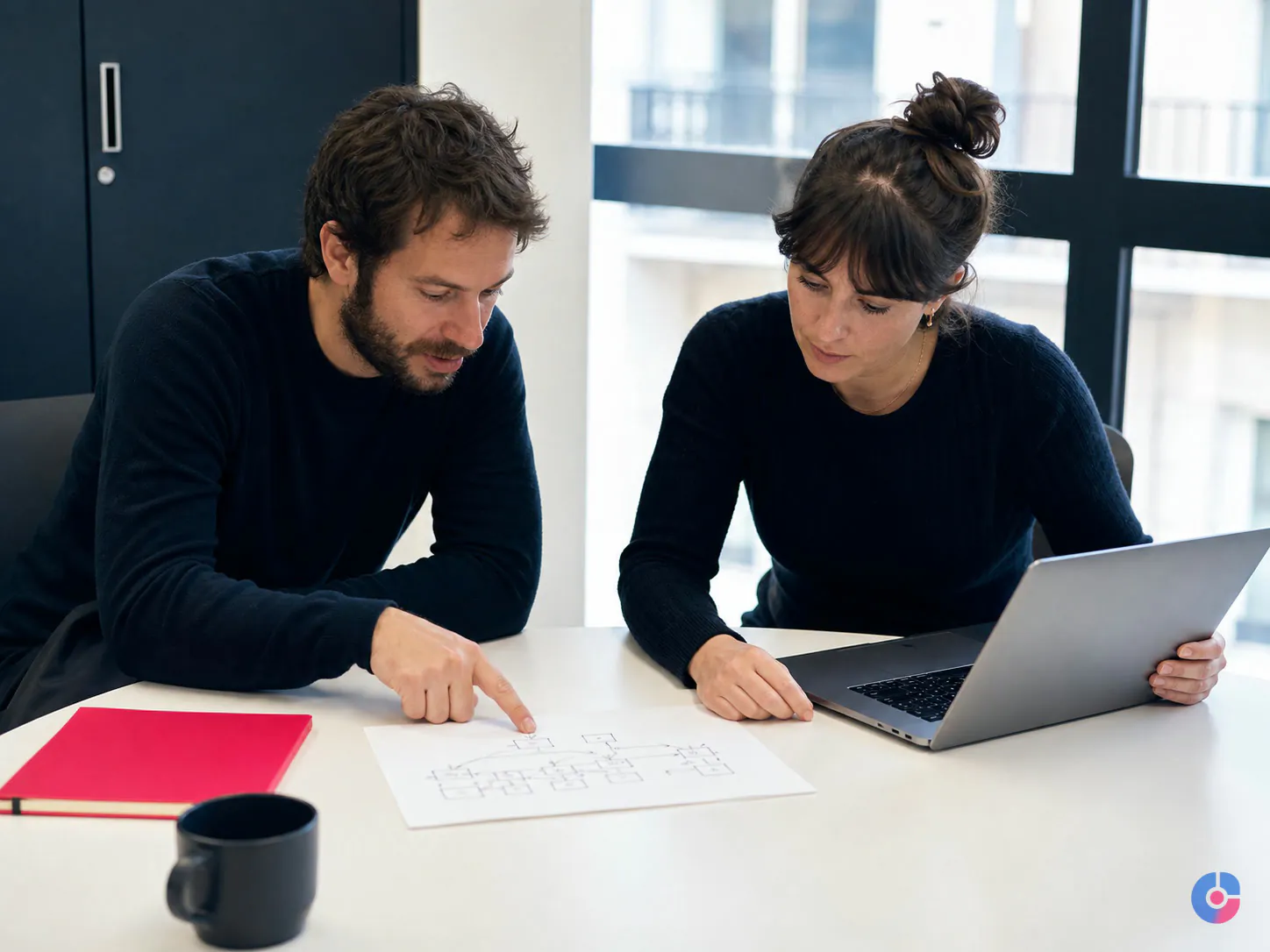 Colleagues planning a data migration cutover and rollback sequence on paper