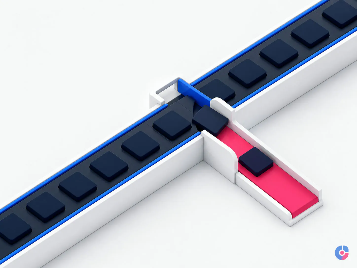 Isometric concept showing records sorting into a main lane and an exception queue
