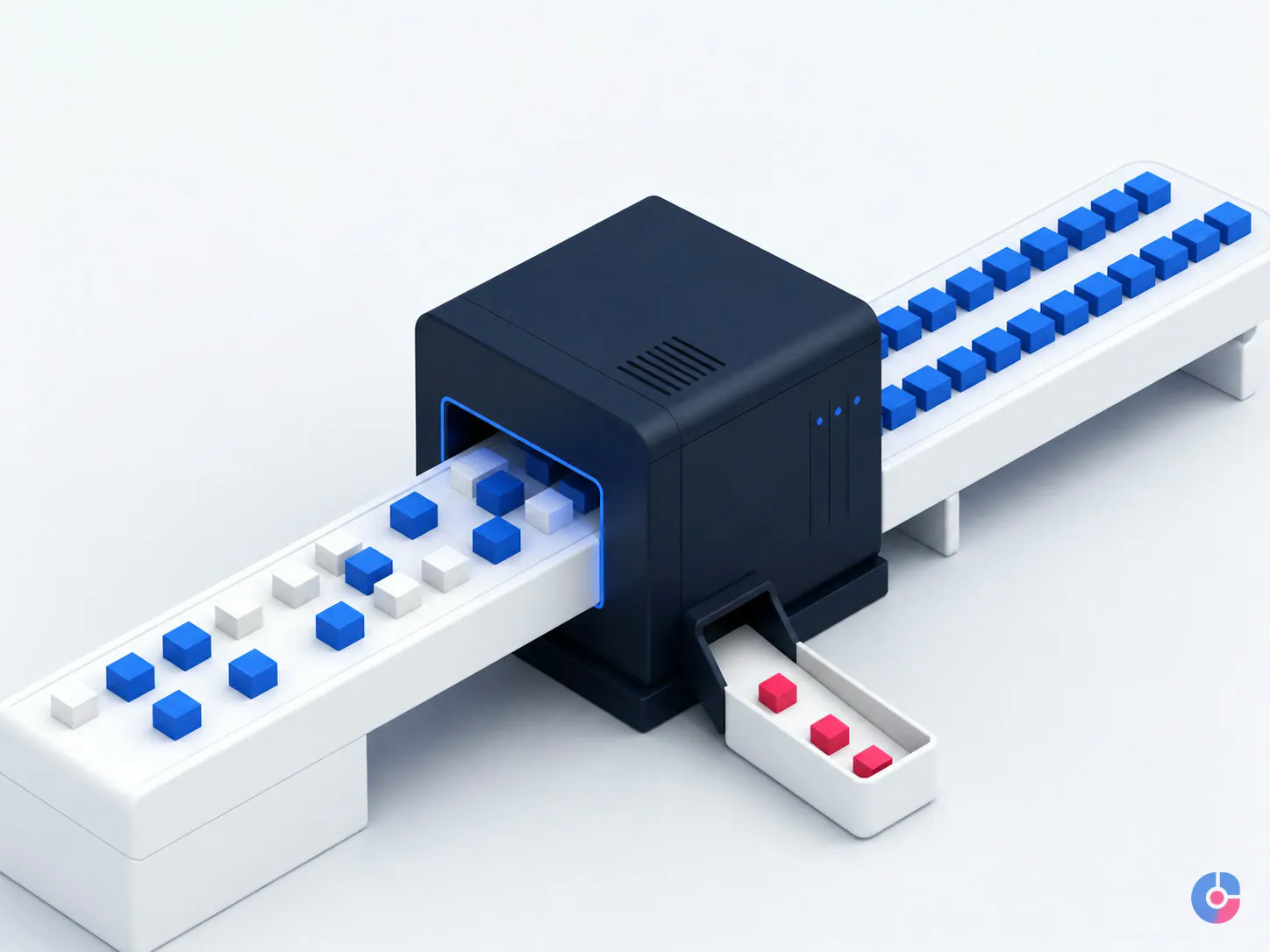 Isometric render of a data processing pipeline diverting rejected records for review
