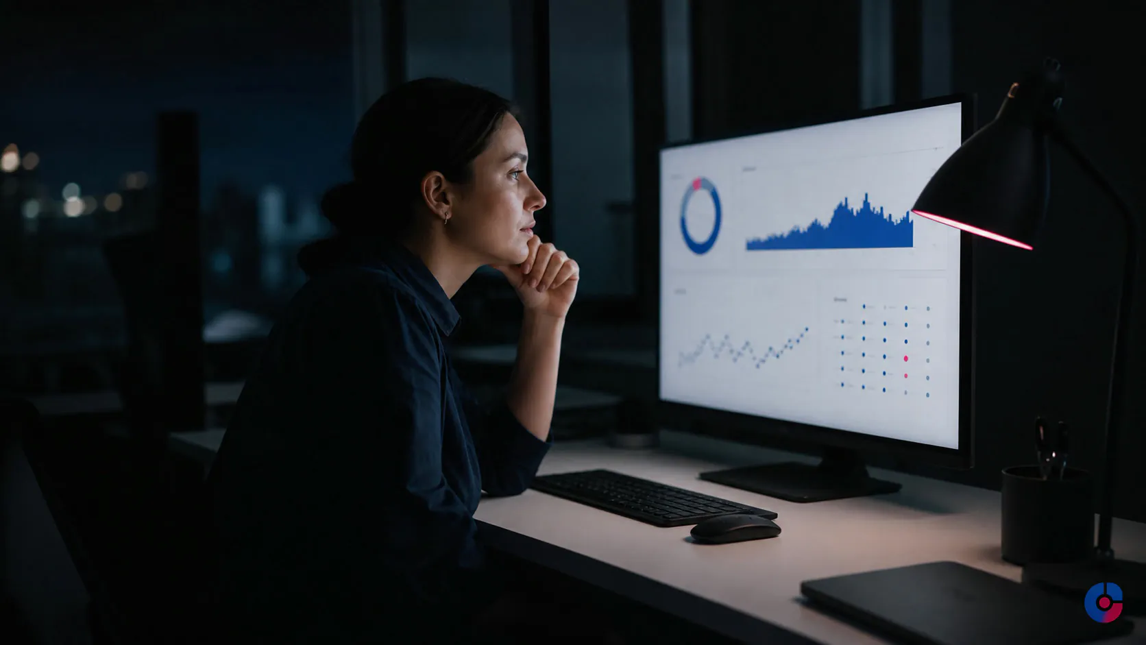 Operations specialist monitoring a scheduled data processing batch run at dusk