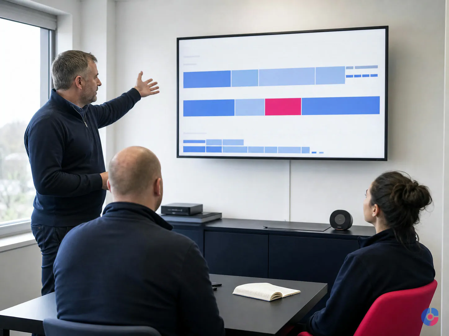 Supervisor briefing data entry operators on daily throughput and quality figures
