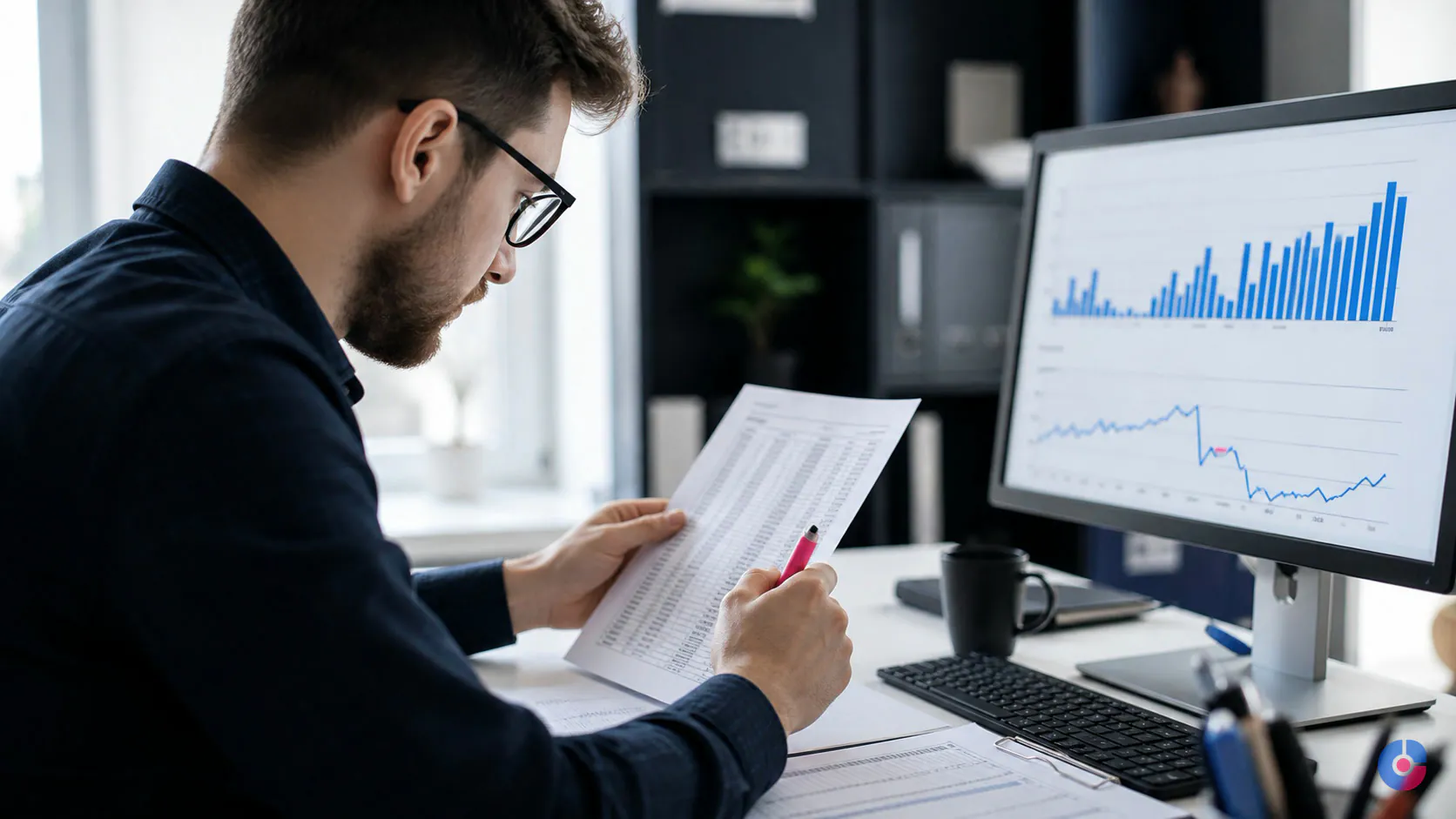 Analyst cross-checking a printed record list against a screen during data verification