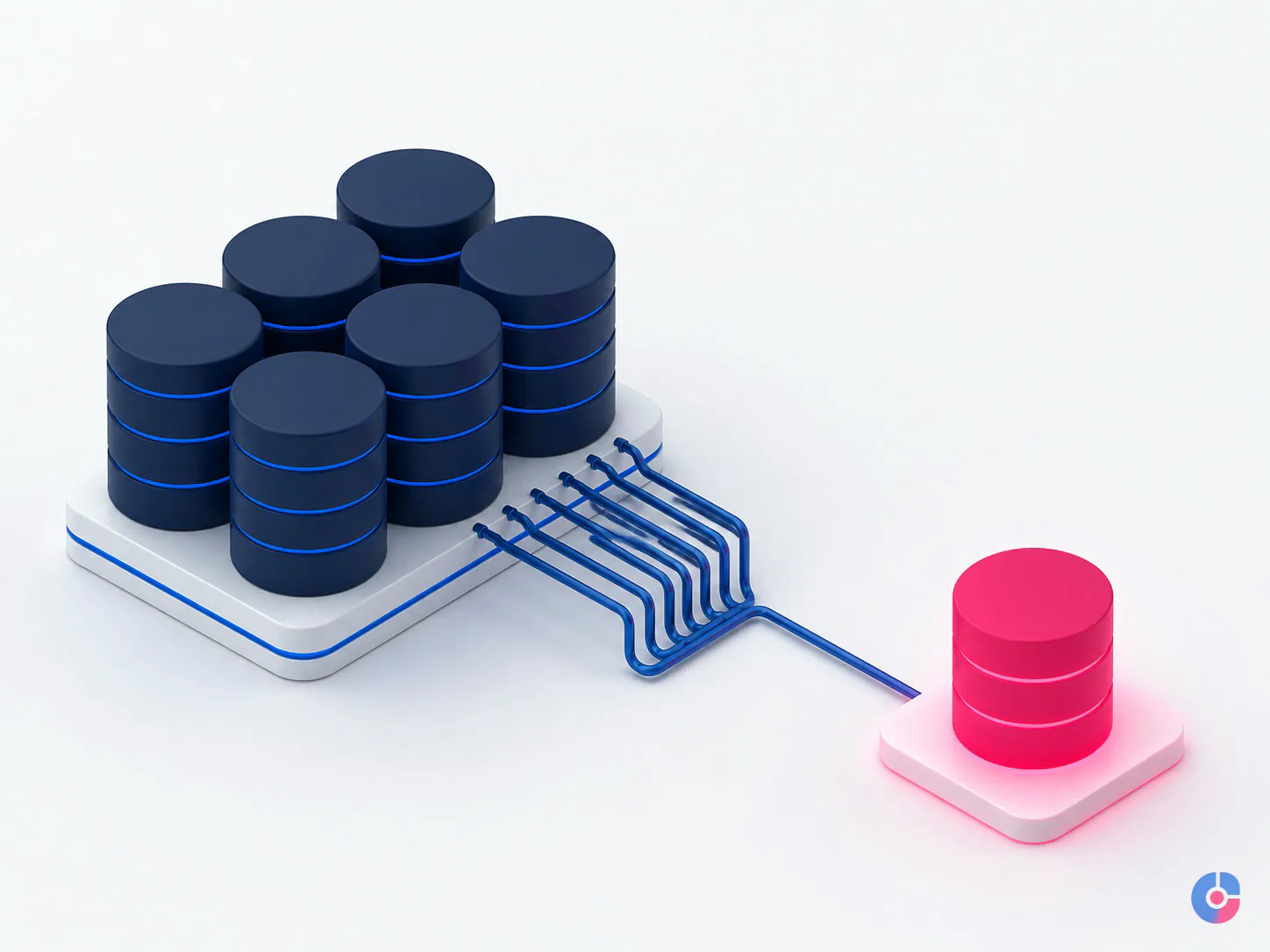 Isometric concept showing database volumes and a separate tested restore copy