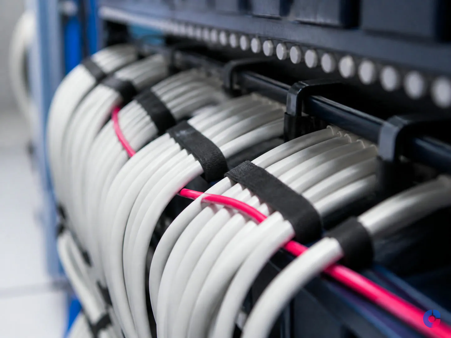 Close-up of tidy rack cabling representing well maintained database infrastructure