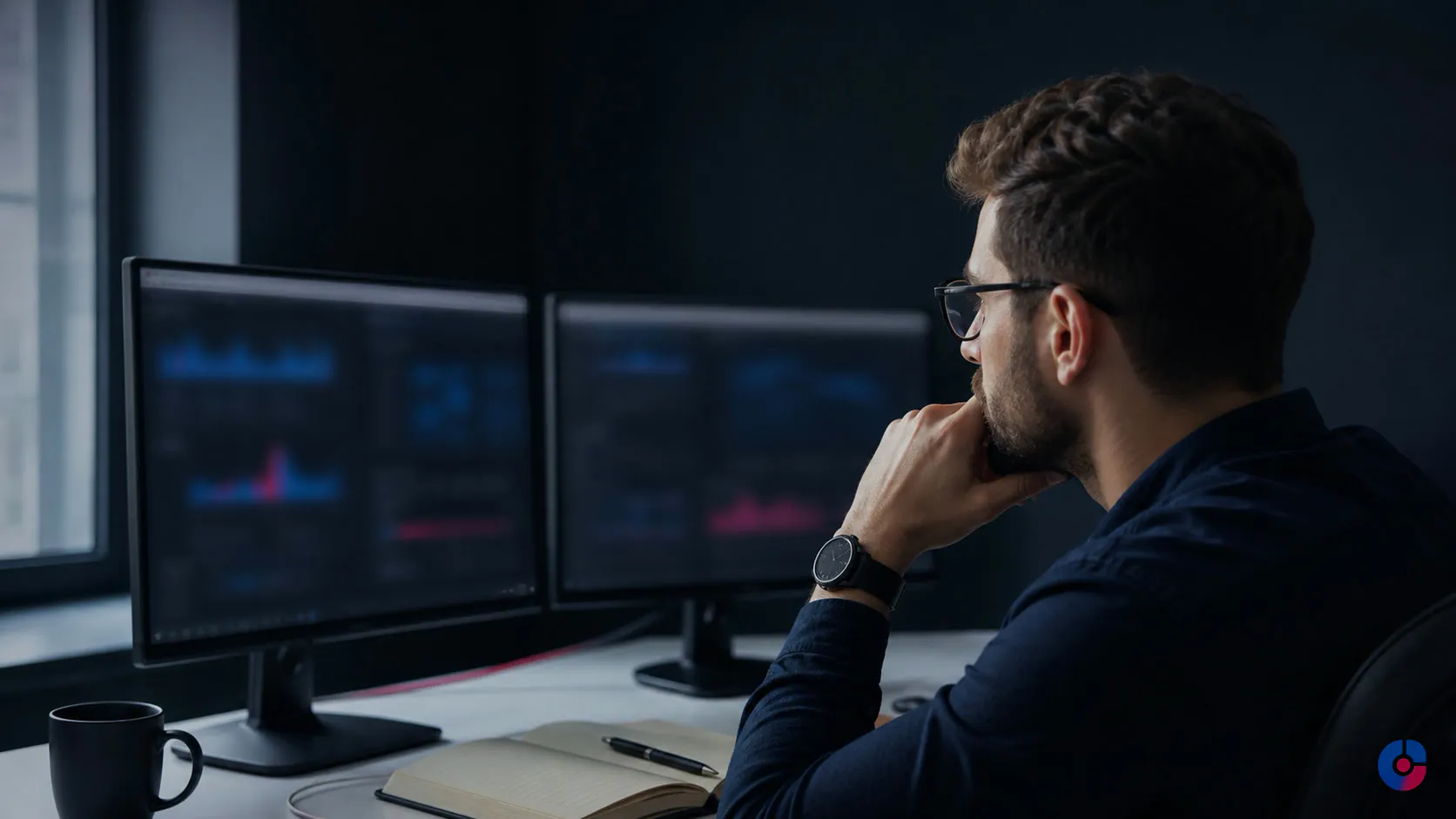 Systems engineer monitoring database performance from a dual monitor workstation