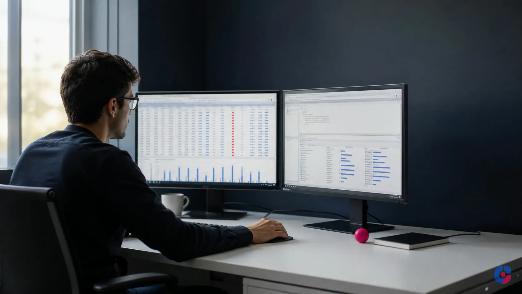 Database management services specialist reviewing structured business data on dual monitors