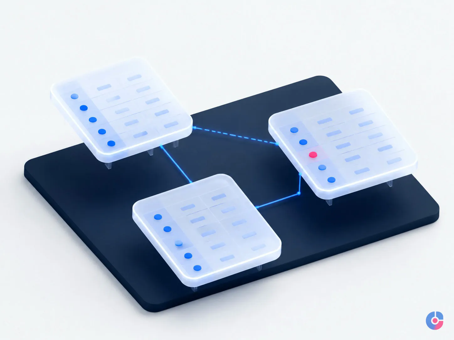 Isometric concept render of linked database tables with one duplicate record highlighted