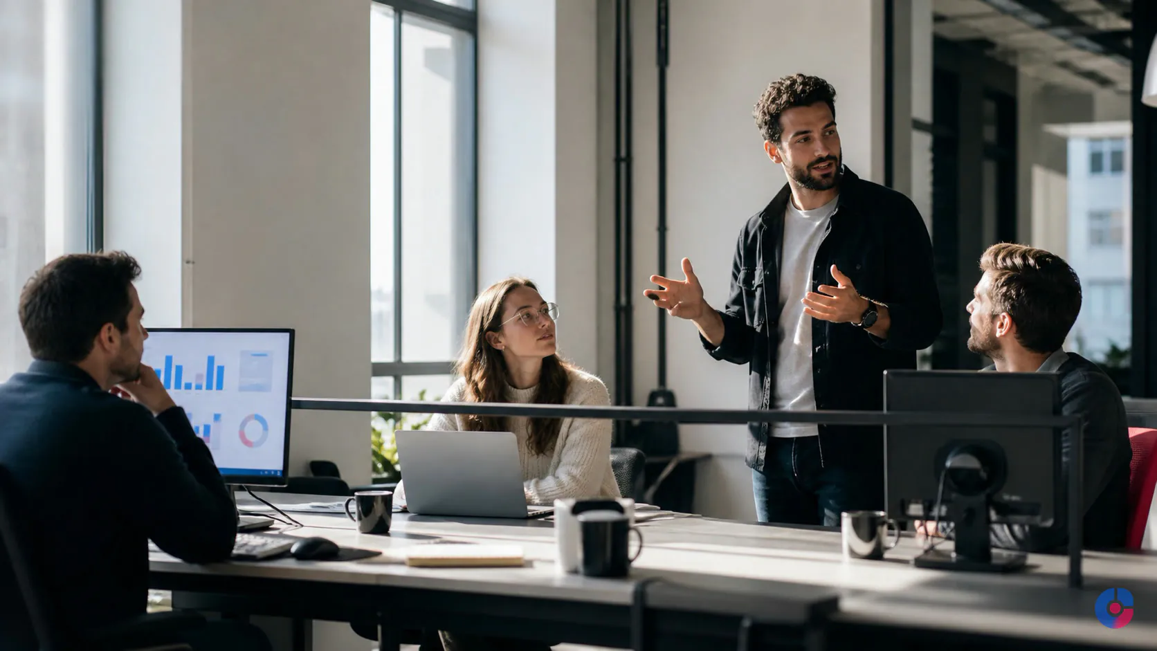 Dedicated offshore team collaborating at a shared desk in a bright modern office