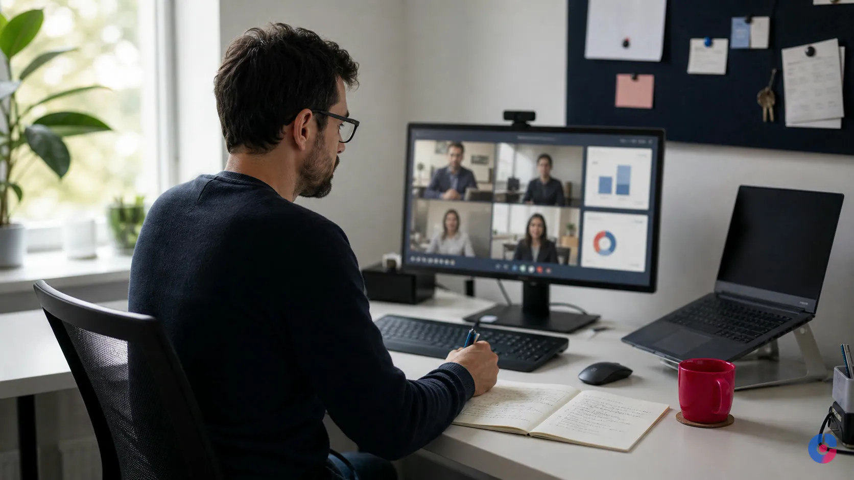Dedicated remote staff member on a client video call with process notes beside the keyboard