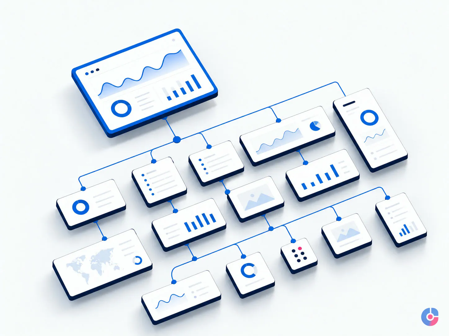 Isometric render showing one master design adapted into many sized marketing assets