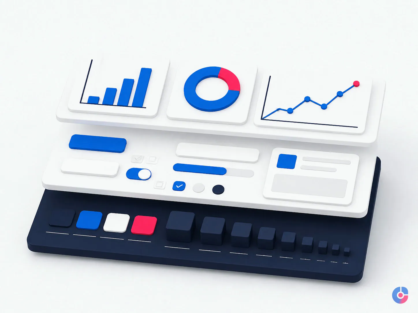 Isometric concept of a design system with tokens components and finished assets