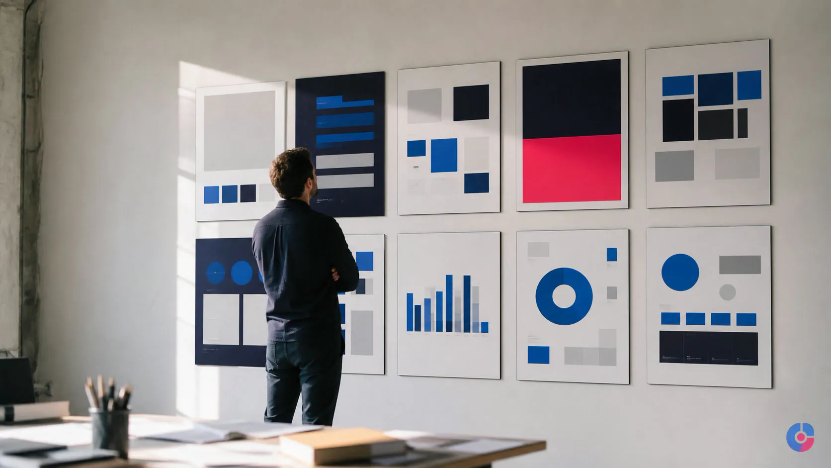 Person reviewing a wall of mounted project boards in a bright agency studio