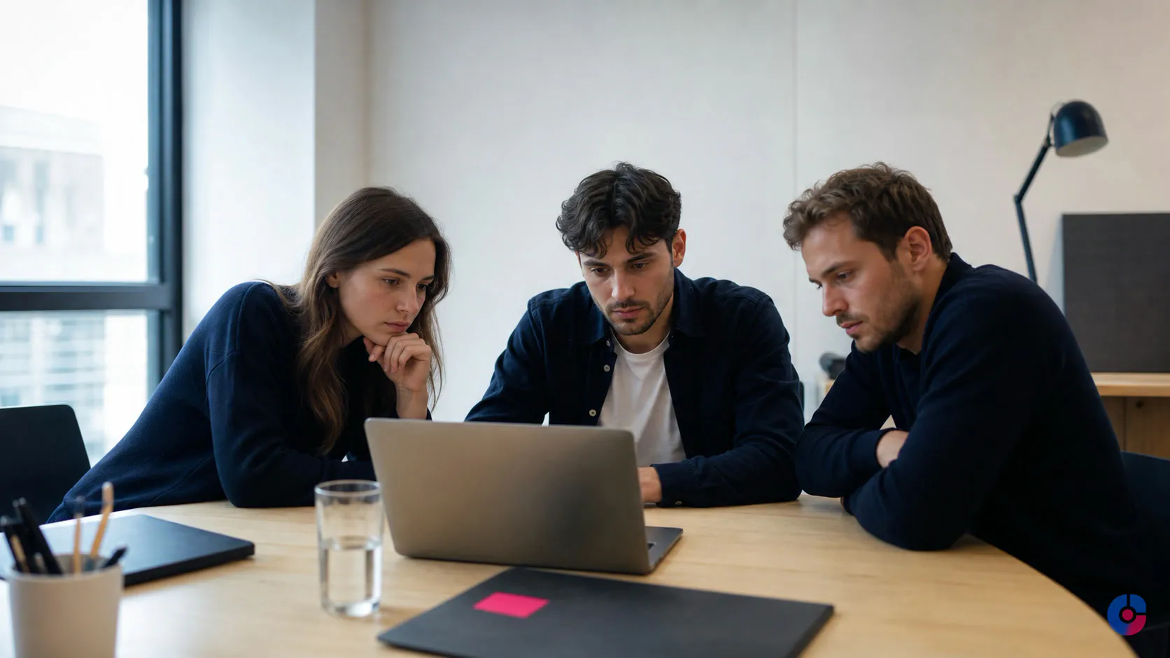 Small founding team reviewing their digital business launch on a laptop in a bright office