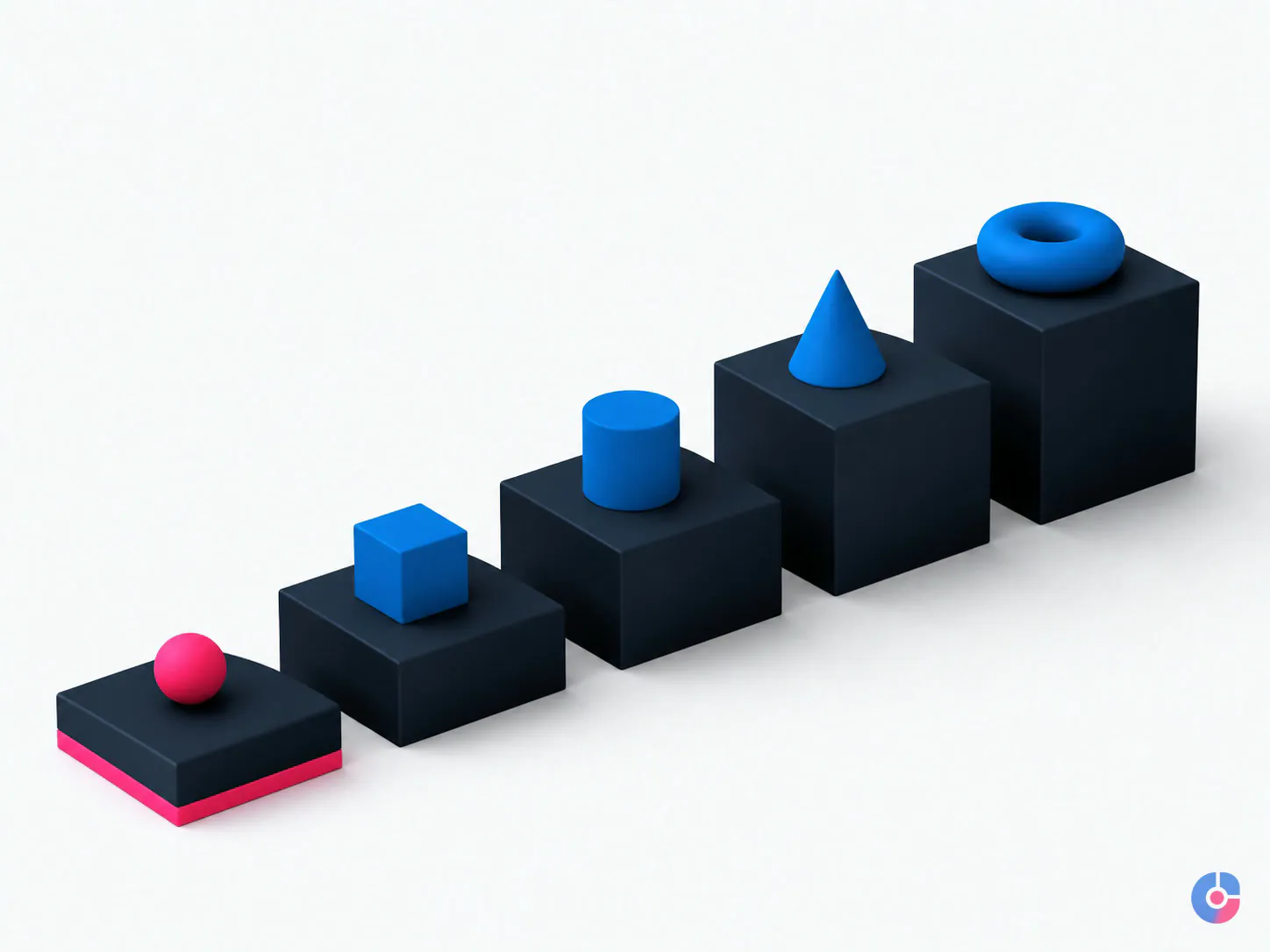Isometric render of five sequential stages in a digital business launch plan