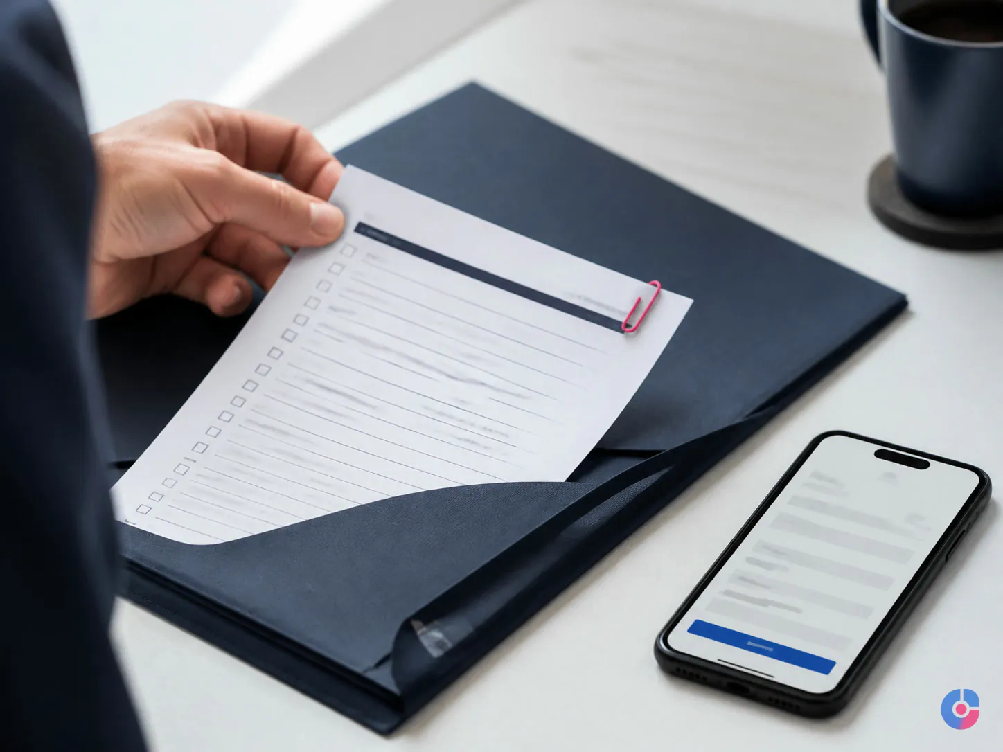 Hand filing a printed launch readiness checklist next to a phone on a desk