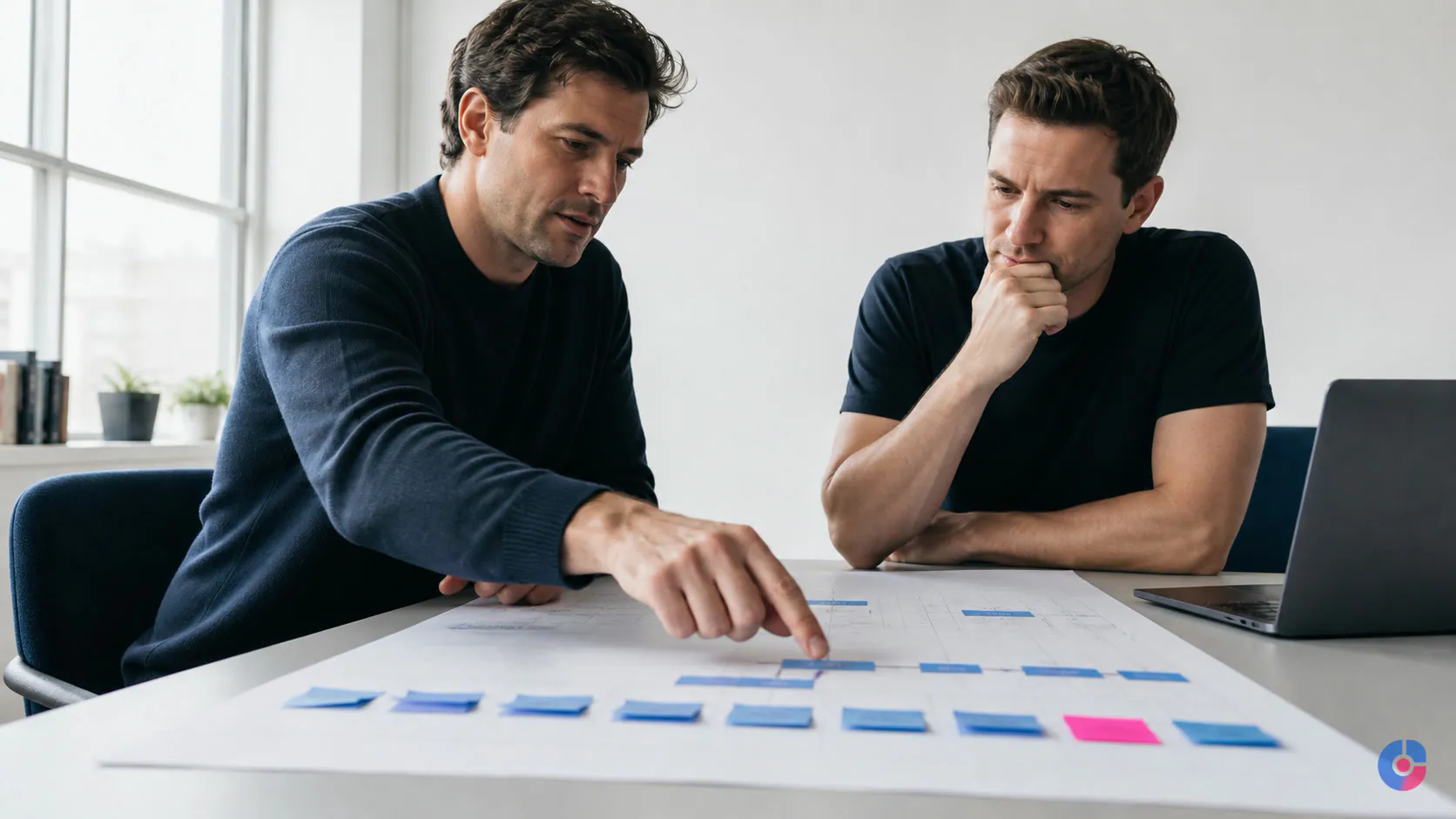 Founders mapping a digital business launch sequence across a printed plan