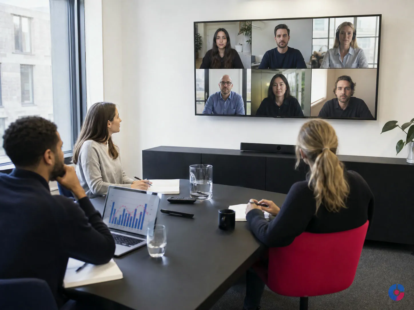 Distributed team meeting on a wall screen with a local colleague taking notes