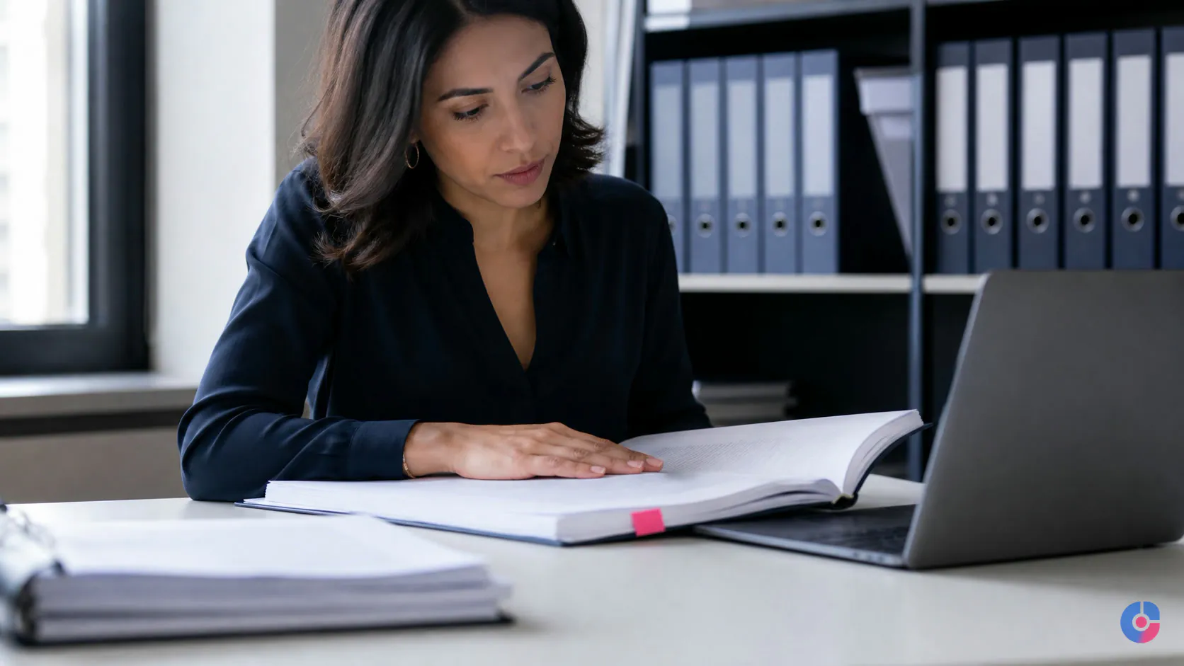 Document specialist reviewing a bound business report at a tidy office desk