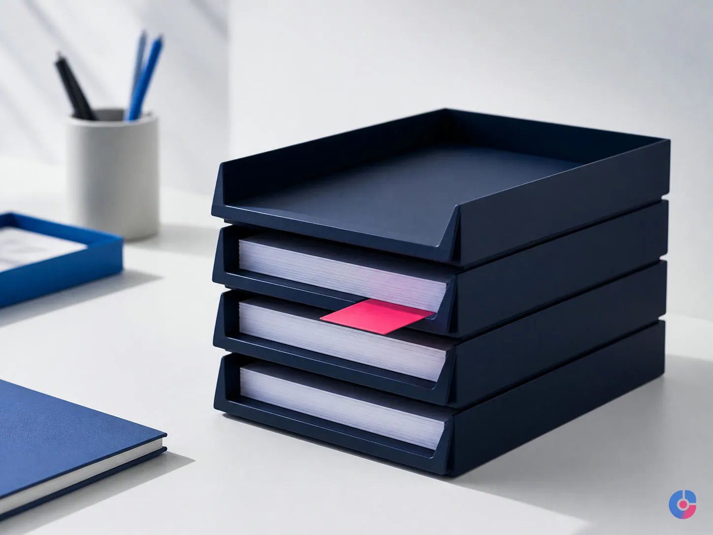 Abstract stacked trays representing documented back office processes ready to hand over