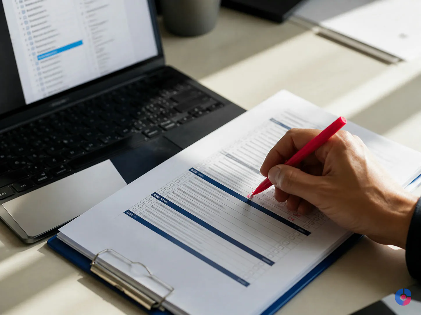 Hand annotating a printed process checklist while documenting an admin workflow