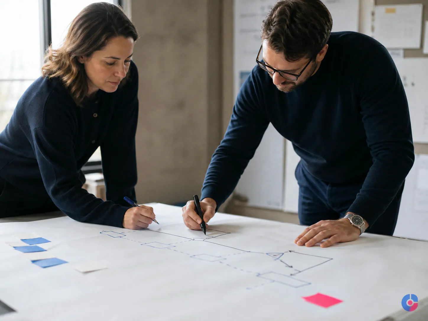 Colleagues documenting a back-office process on paper before delegating the work