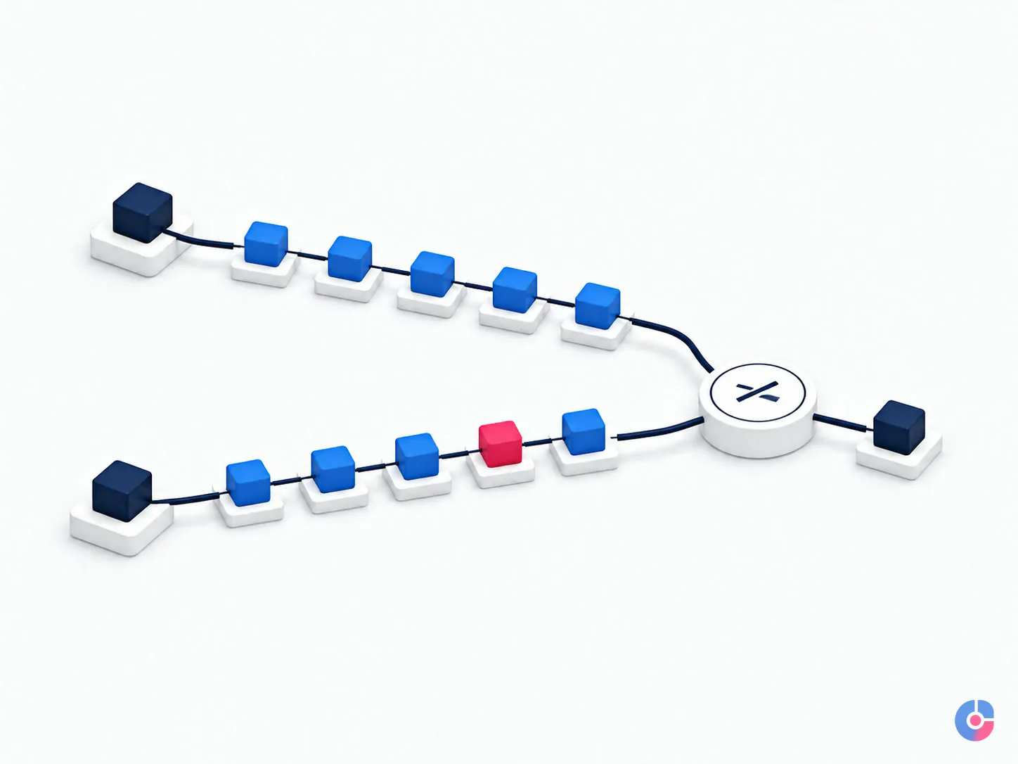 Isometric render of two parallel data streams compared to catch a mismatched field