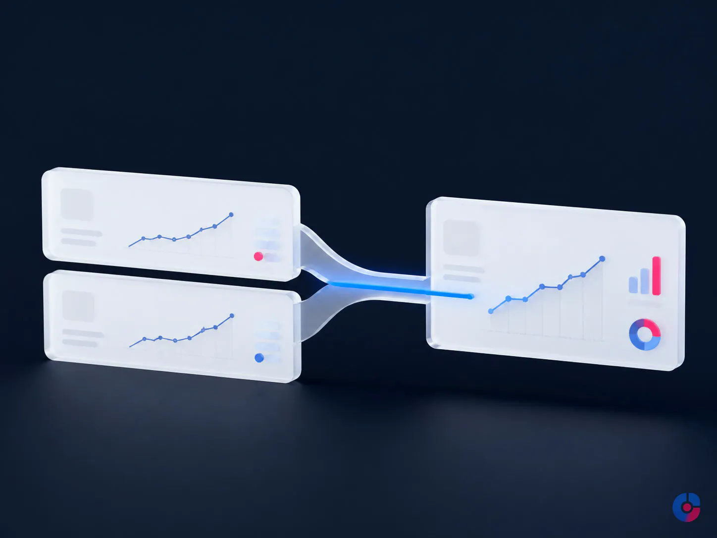 Abstract render of two duplicate patient records merging into a single accurate chart