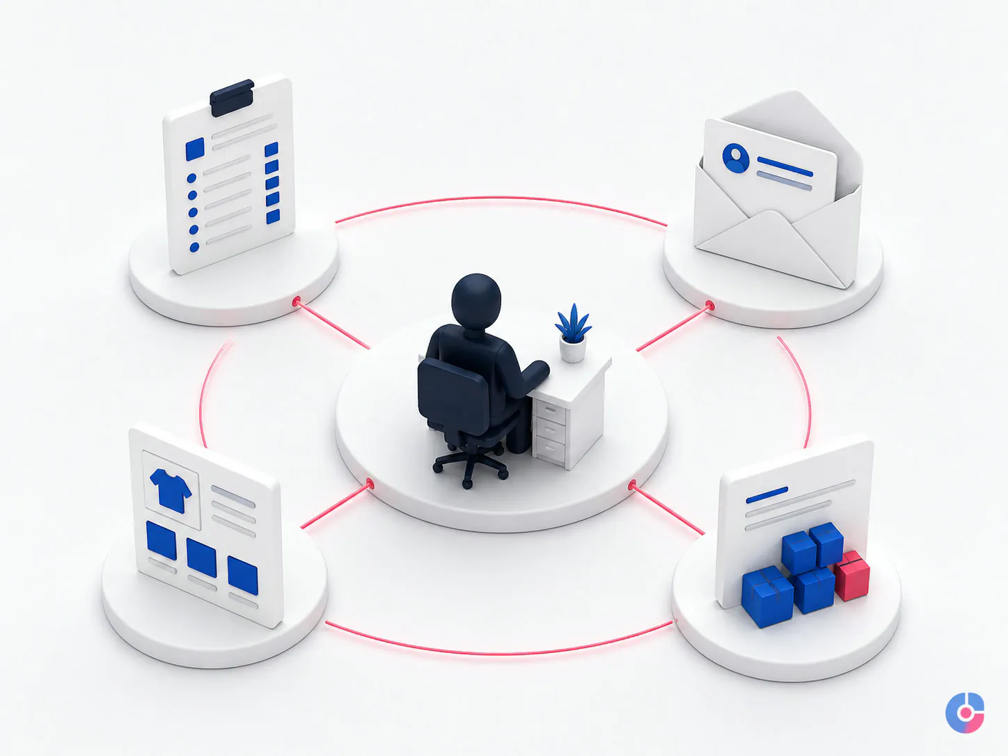 Isometric concept showing one assistant handling four daily store task areas