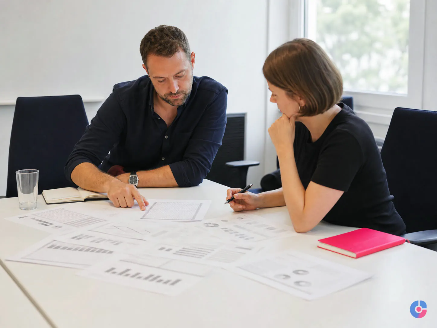 Analysts reviewing printed eCommerce campaign performance reports in a meeting room
