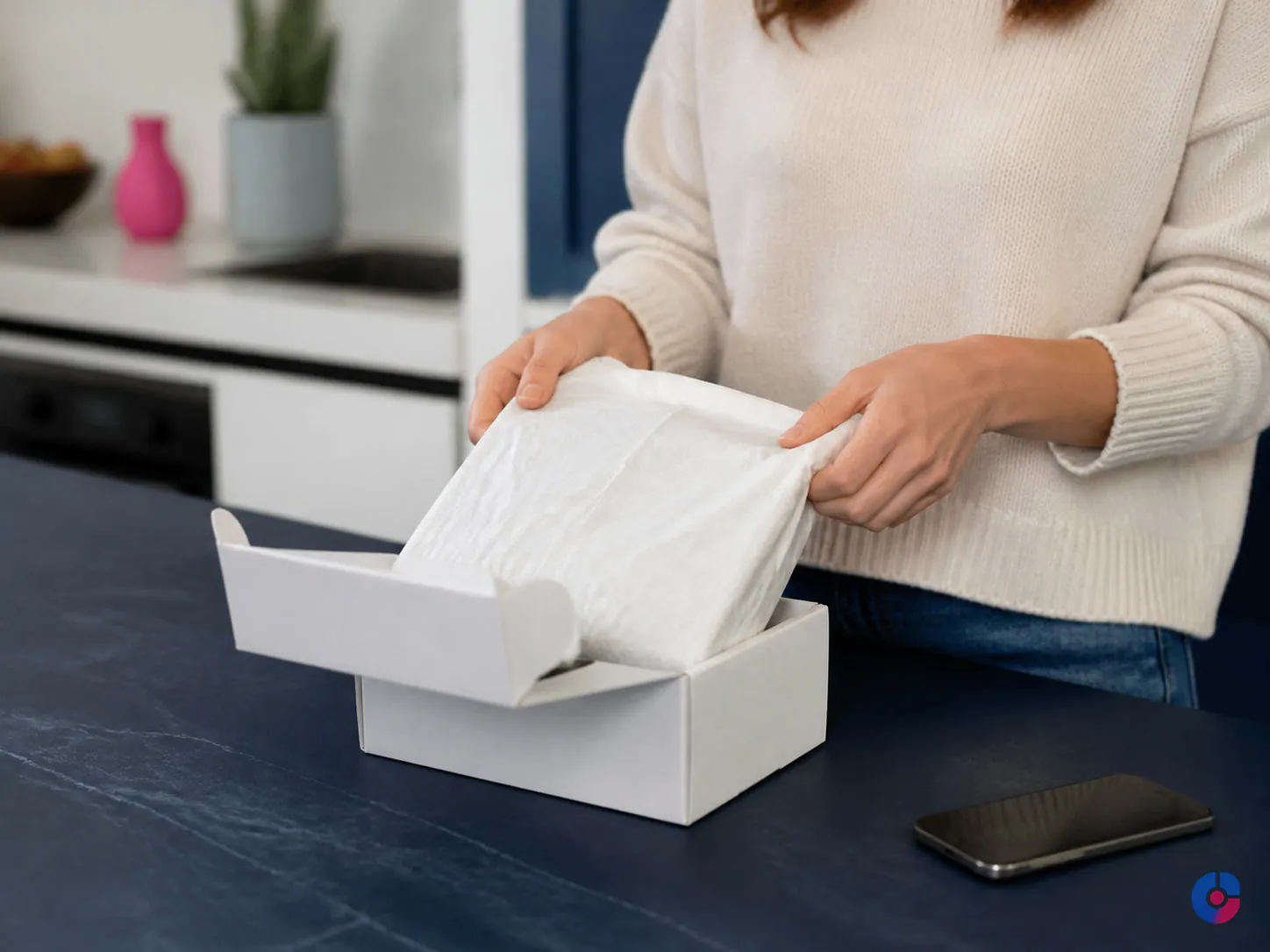 Customer opening an online order at home representing the post-purchase support experience