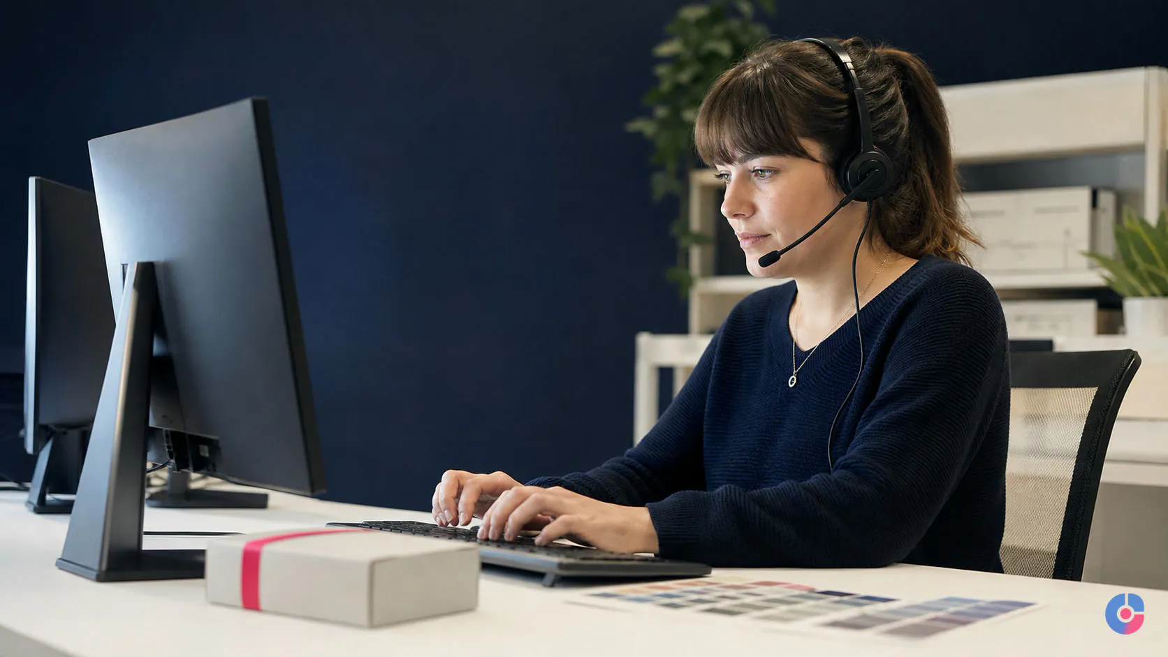 Ecommerce support agent answering shopper queries beside a product parcel