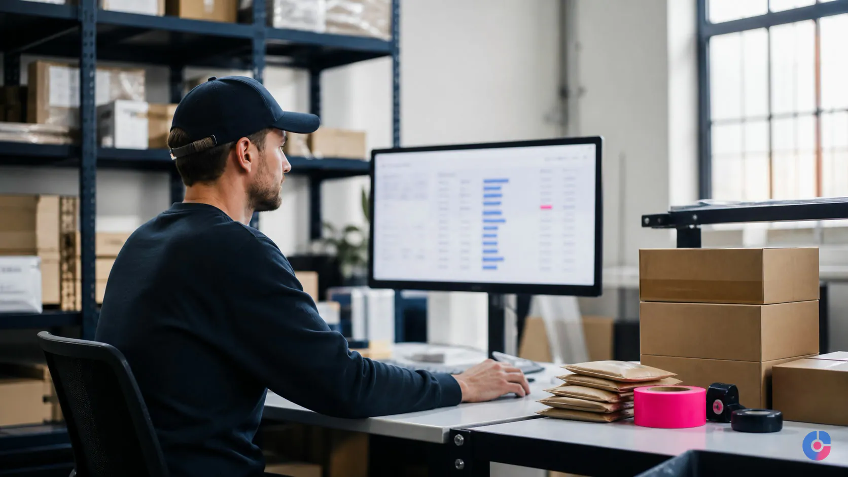 Operations staff checking the ecommerce order queue beside a packing bench