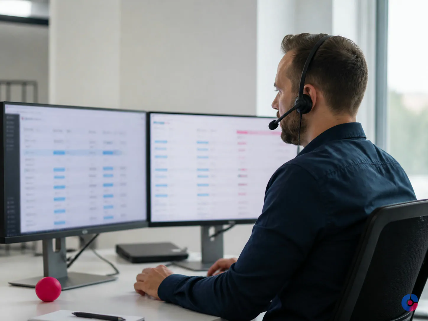 Support specialist reviewing an eCommerce order queue at a two screen workstation