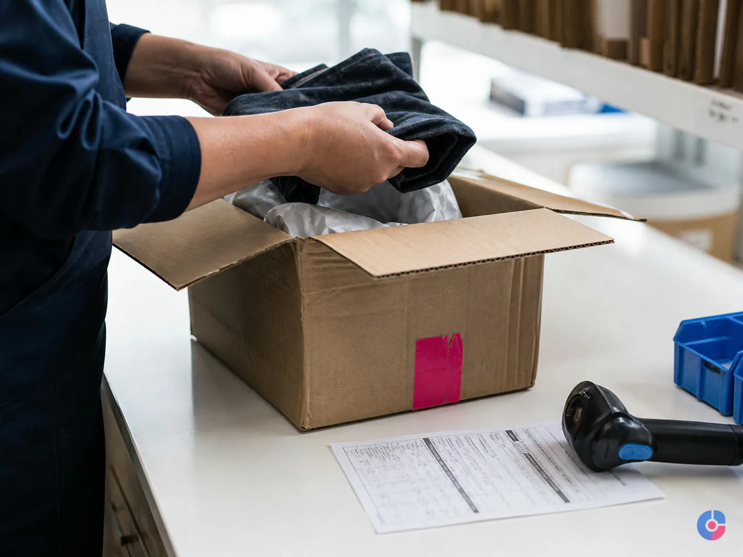 Hands inspecting a returned item before restocking it into online store inventory