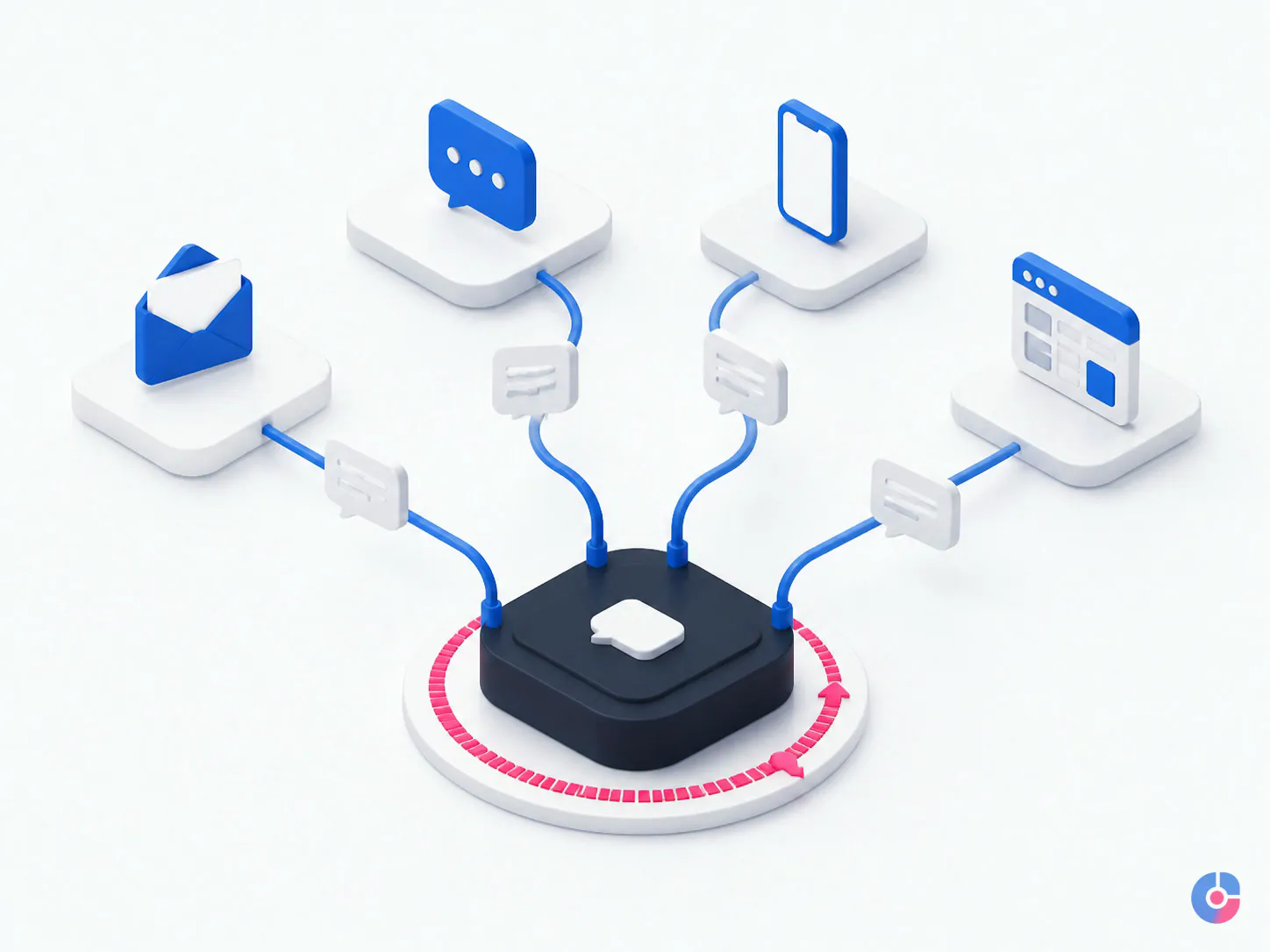 Isometric concept showing shopper messages from several channels answered within a response window