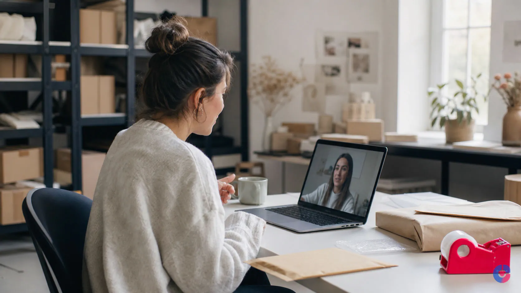 Online store owner briefing a remote ecommerce virtual assistant on a video call
