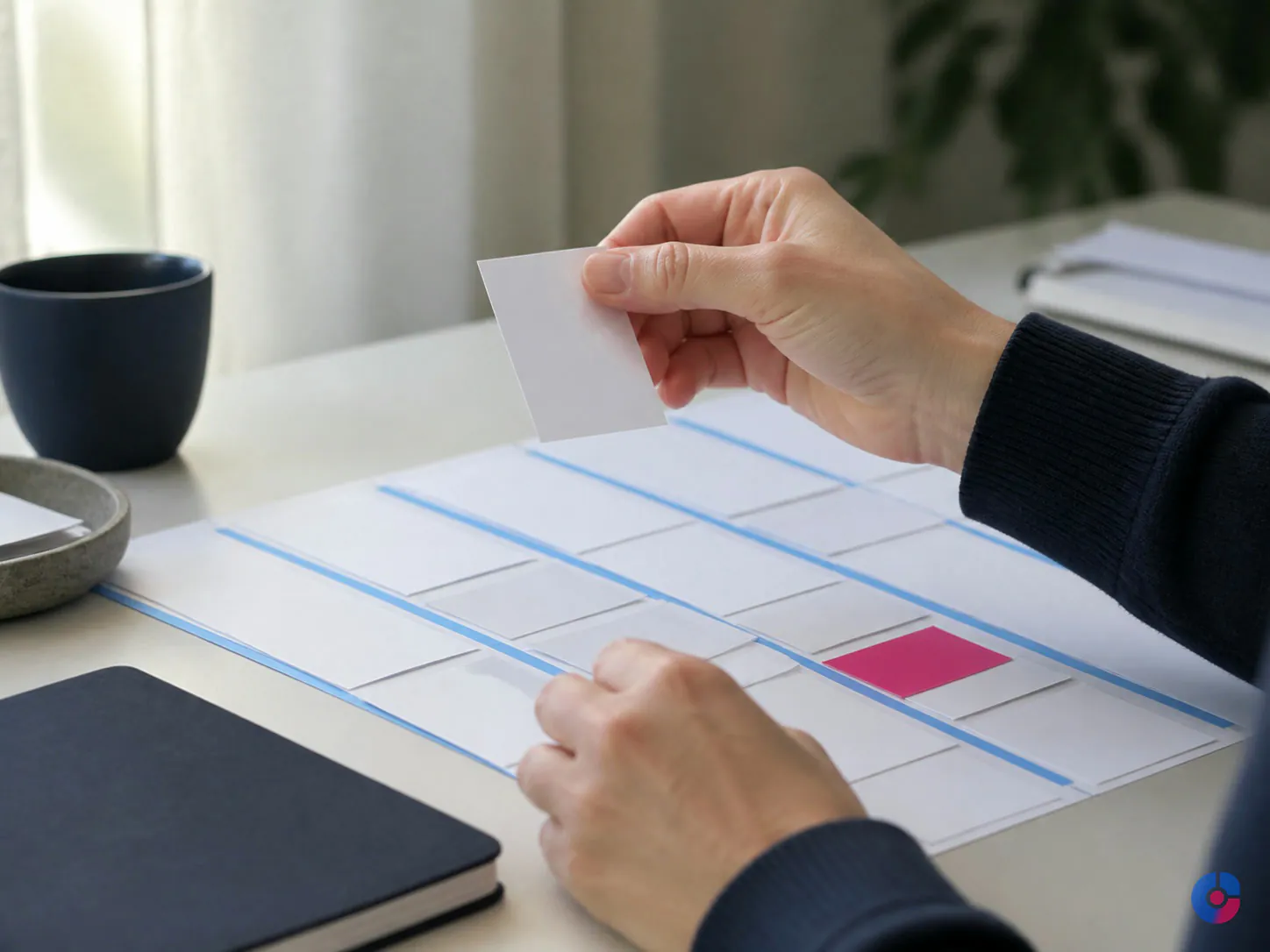Hands arranging content cards into a weekly editorial publishing calendar