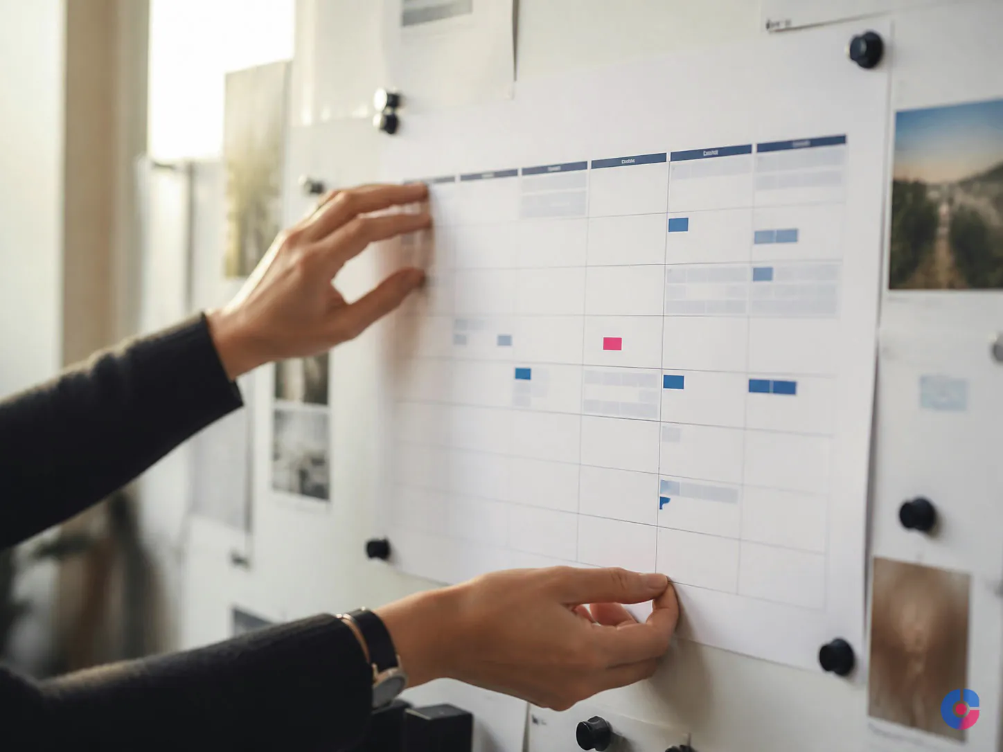 Hands updating scheduled slots on a printed editorial calendar board