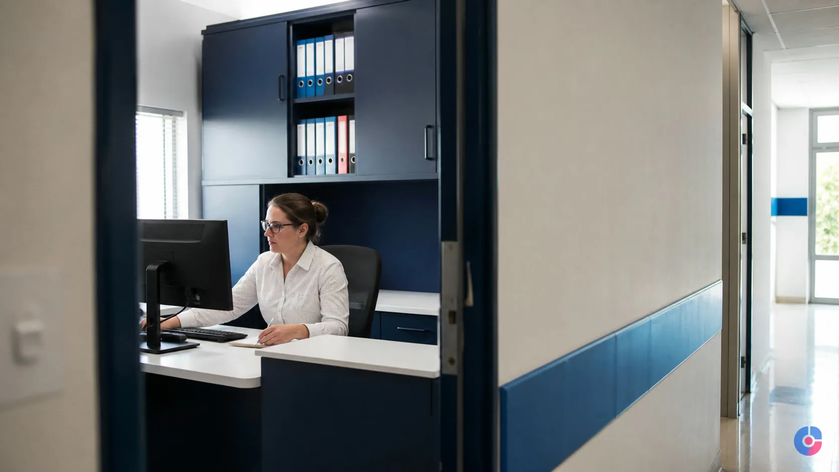 School business manager working through administrative records in a tidy school office