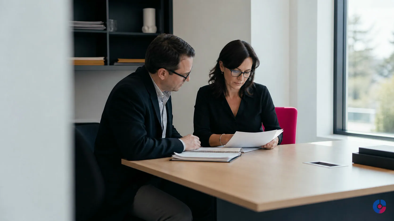 Two school administrators processing enrolment paperwork in a bright education admin office