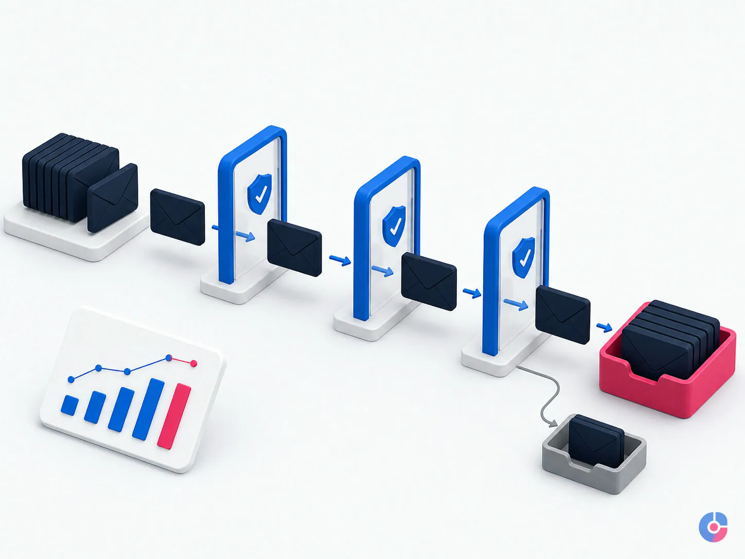 Isometric concept of email messages passing authentication gates into a primary inbox