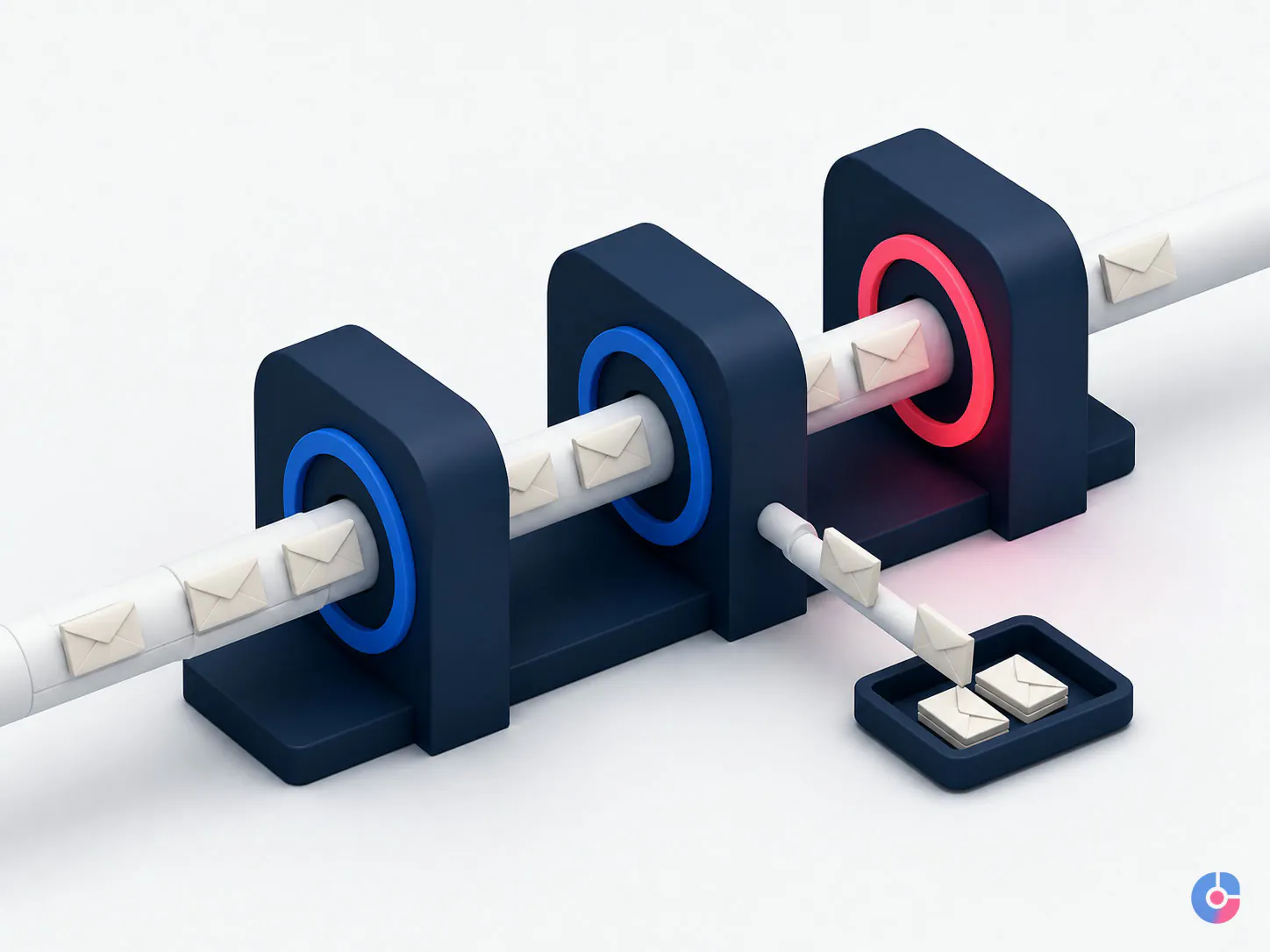 Isometric render of emails passing authentication checks before reaching inboxes